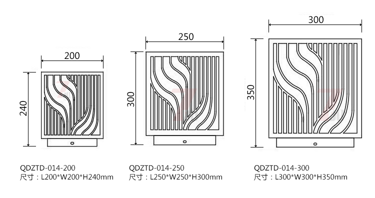 (QDZTD-014)古铜拉丝割花方形矮柱柱头灯200mm、250mm、300mm尺寸示意图